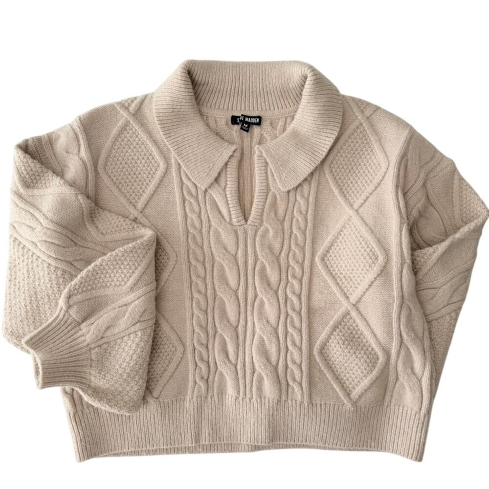 Steve Madden Cay Cable Knit Sweater Neutral Ivory Medium Relax Fit V-Neck Collar - Picture 2 of 8